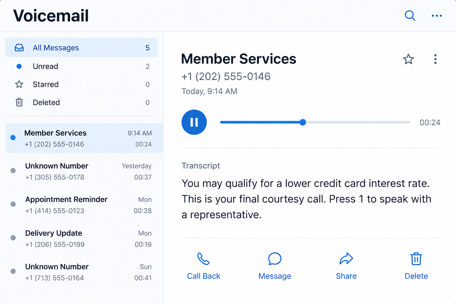 Member Services Scam Calls: The Credit Card Interest Rate Trap Explained 1 Illustrative reconstruction of a Member Services voicemail offering a lower credit card interest rate