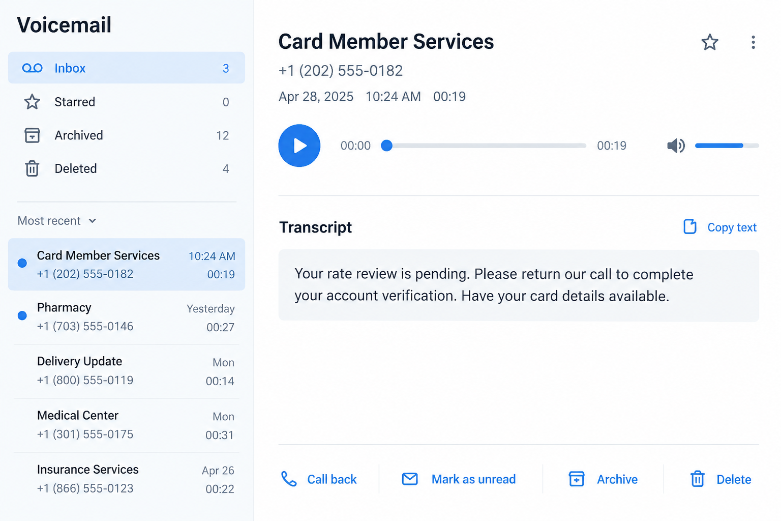 Member Services Scam Calls: The Credit Card Interest Rate Trap Explained 2 Illustrative follow-up voicemail requesting card details to complete a supposed interest rate review