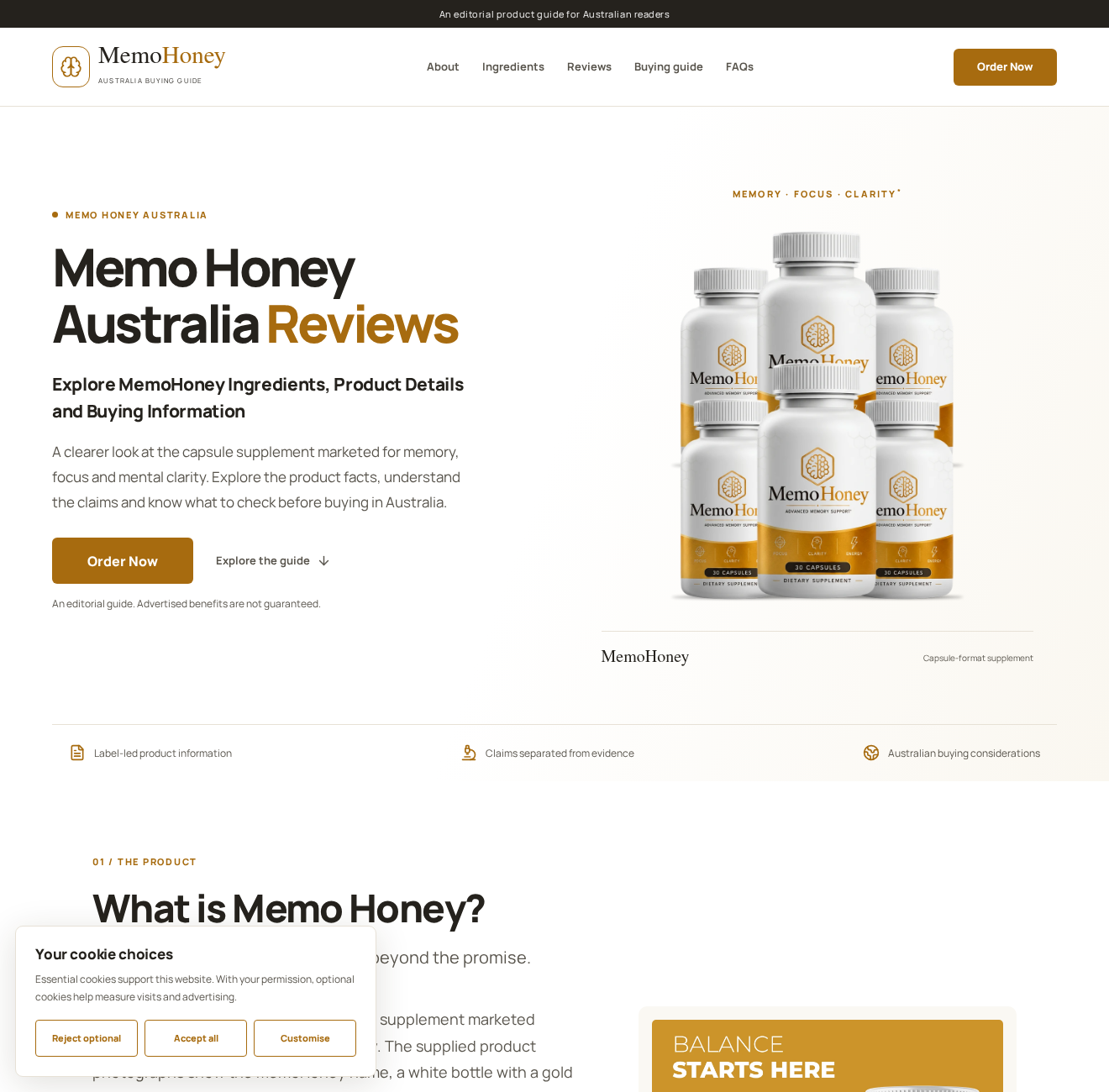Memo Honey Australia affiliate buying guide showing gold-and-white memory-support capsule bottles