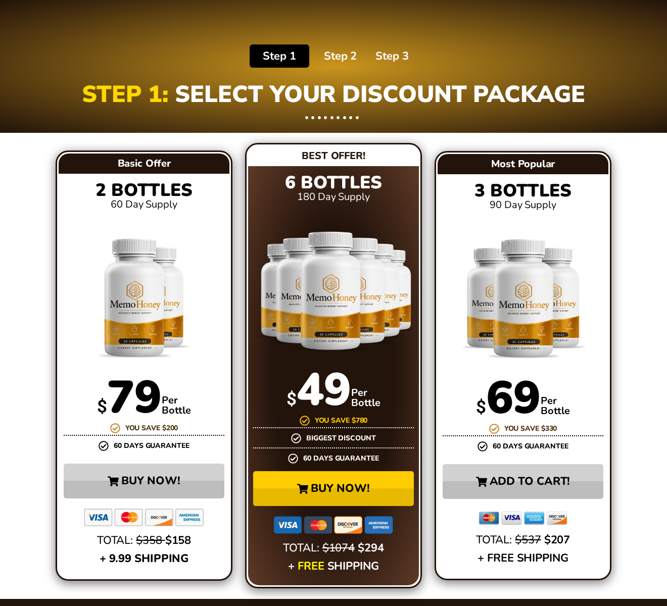 MemoHoney package destination listing two, three, and six bottles with US-style unit prices and totals