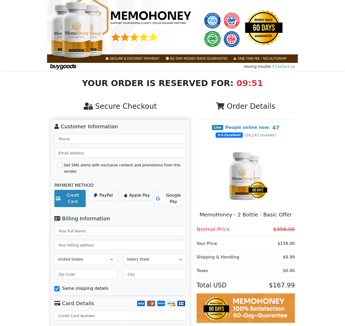 MemoHoney BuyGoods checkout with US default selected, USD total, and one-time fee no-autoship banner