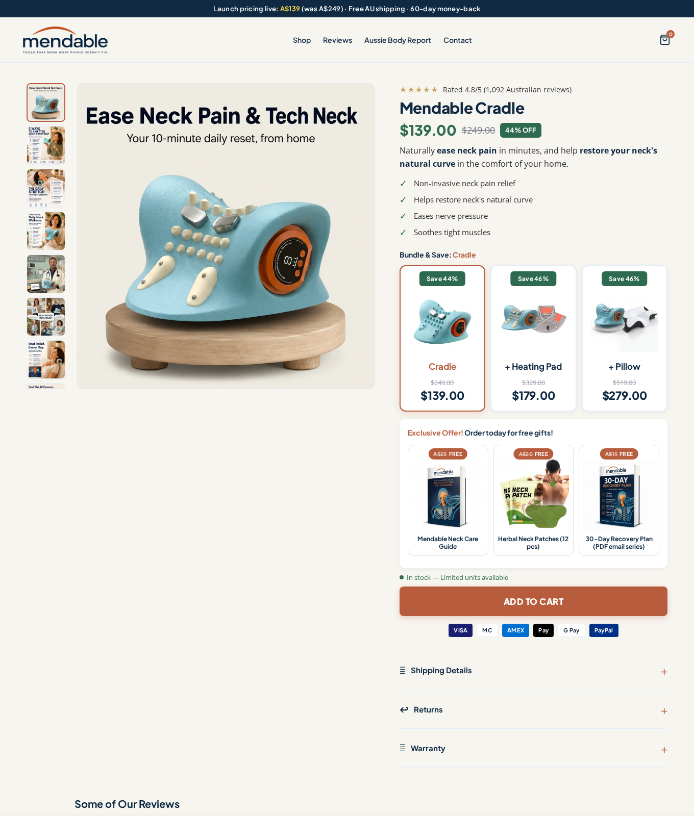 Mendable Cradle product page advertising neck pain relief, curve restoration, bundles, and a 60-day guarantee