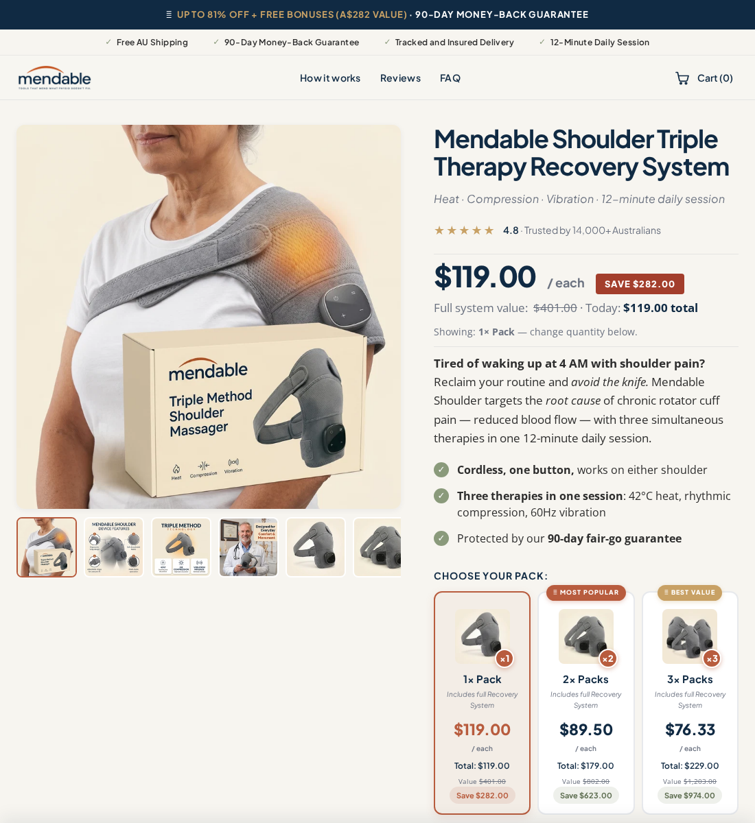 Mendable Shoulder EXPOSED: Pain Relief Claims, Returns and Company Checks 1 Mendable Shoulder product page displaying its wearable massager, recovery claims and one-, two- and three-device prices
