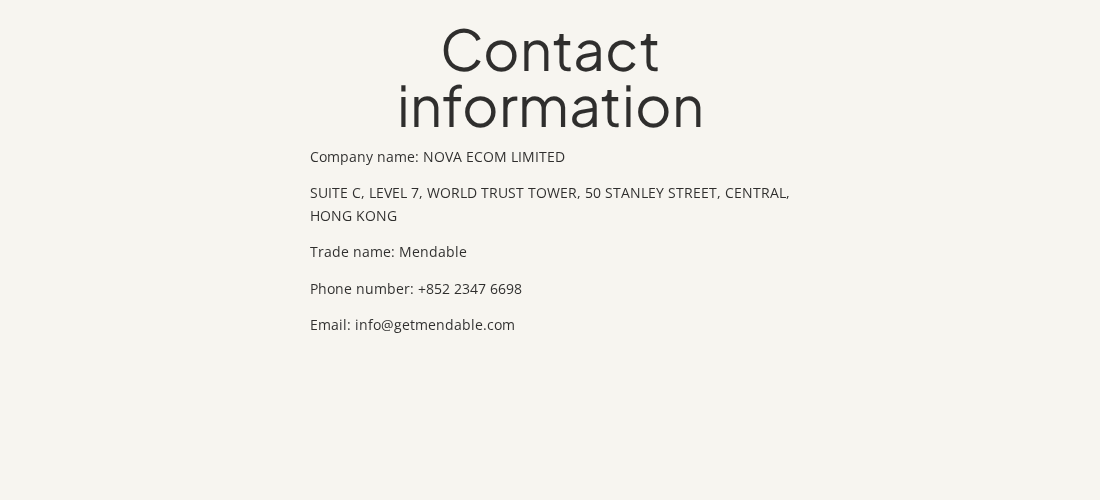 Mendable Shoulder EXPOSED: Pain Relief Claims, Returns and Company Checks 2 Mendable contact policy identifying NOVA ECOM LIMITED with a Hong Kong address, phone number and support email