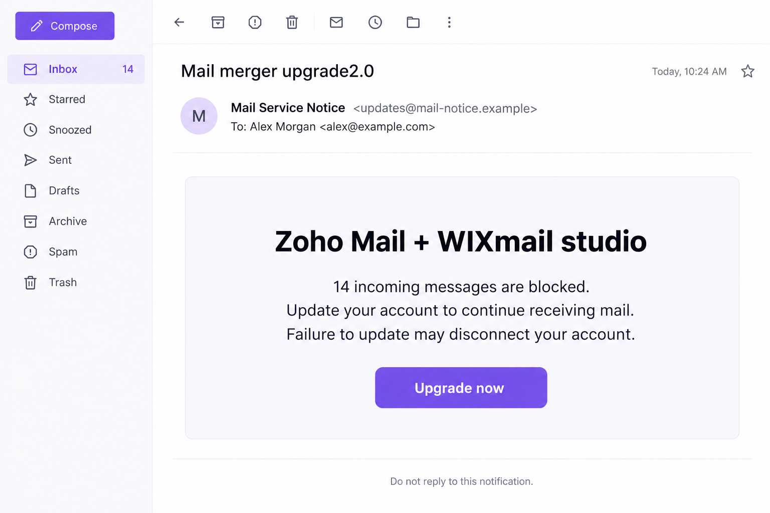 Illustrative Zoho and Wix mail merger upgrade email with a fictional sender and recipient, warning about fourteen blocked messages