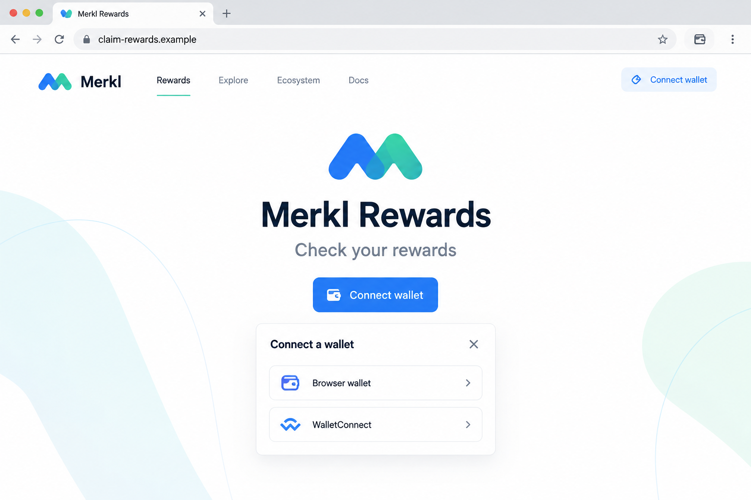 Merkl Rewards Scam: Fake Claim Page and Crypto Wallet Permissions Exposed 1 Illustrative counterfeit Merkl rewards page with a fictional address and wallet connection dialog