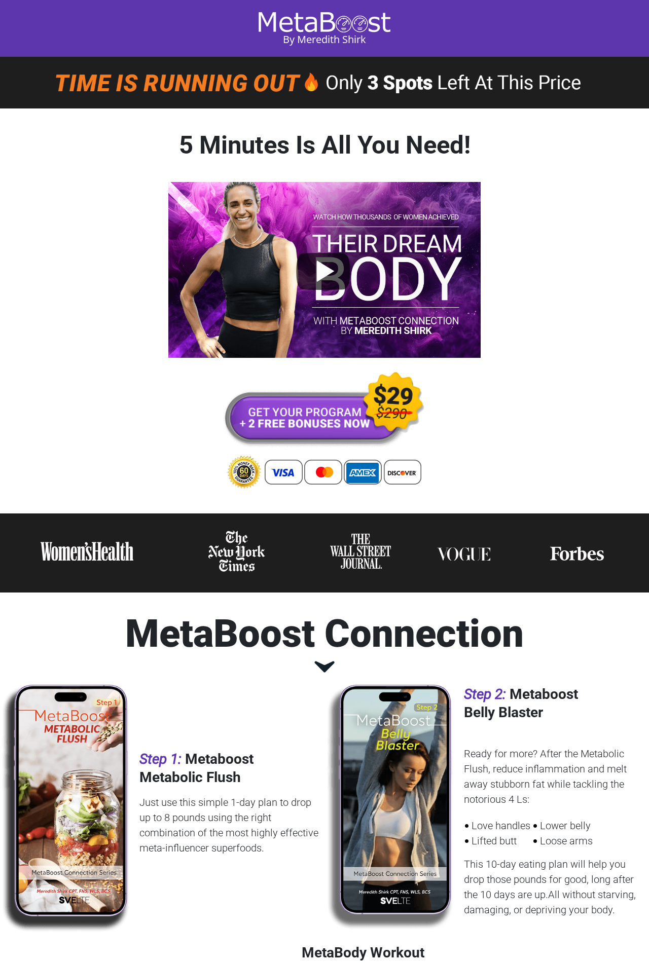 MetaBoost Connection offer showing the $29 digital program and weight-loss marketing