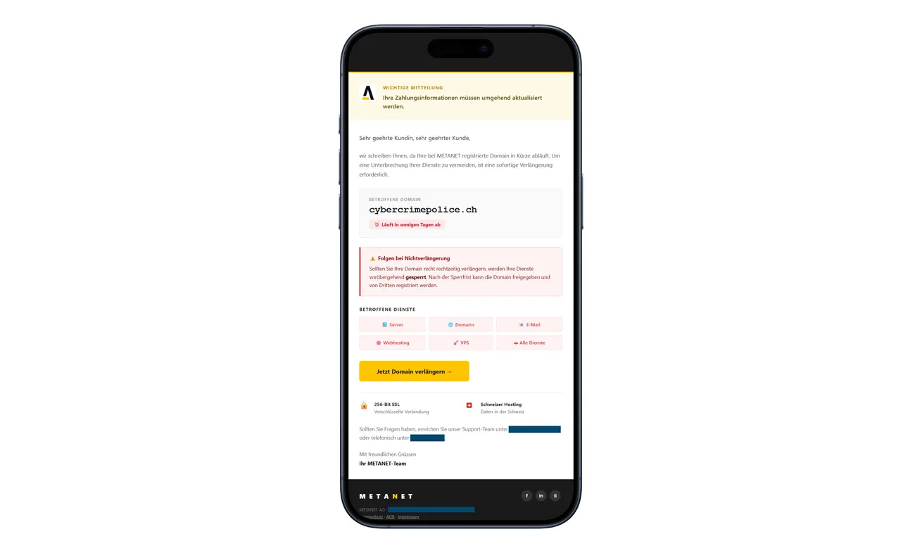 Fake METANET domain-expiry email with a yellow renew-domain button