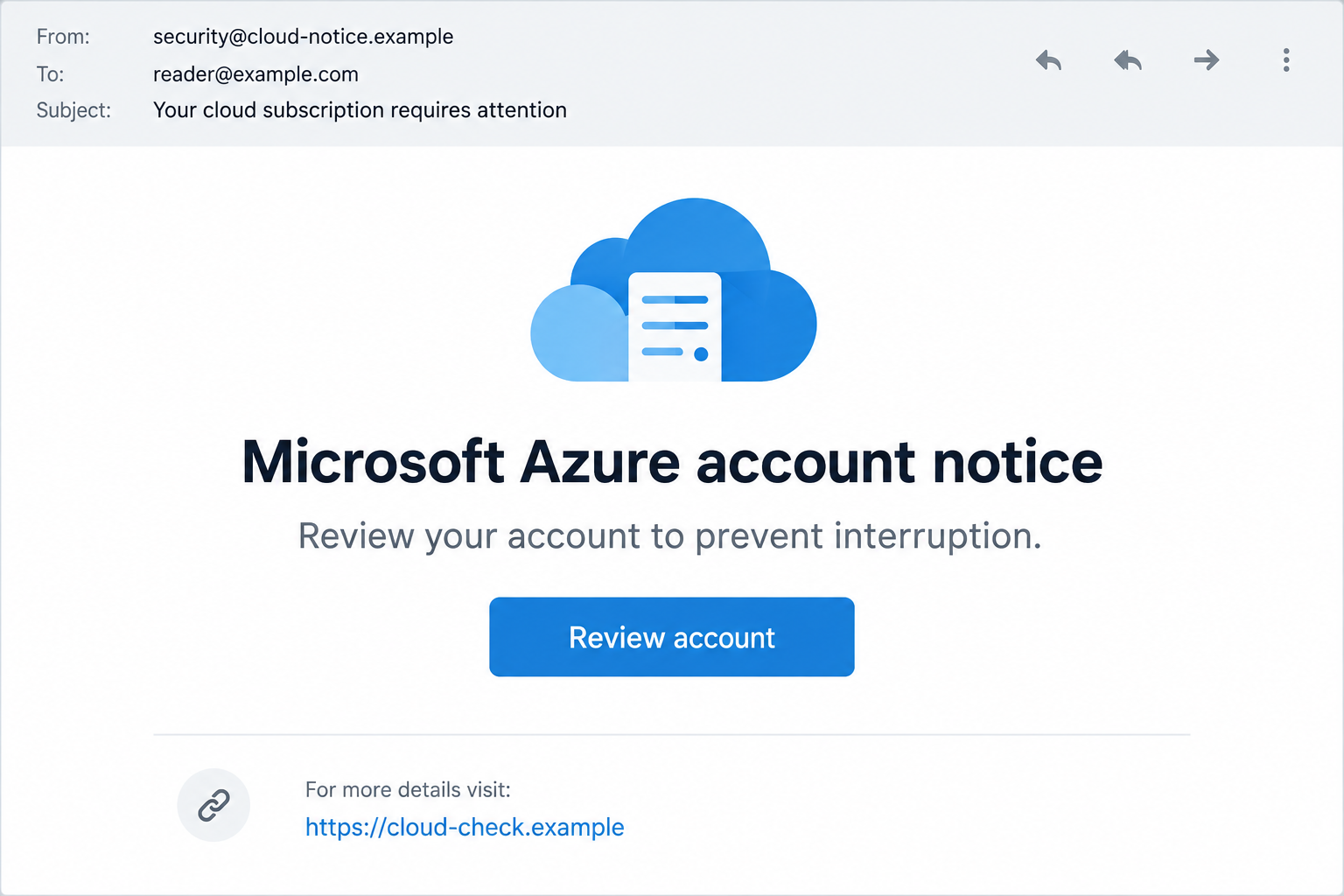 Illustrative Azure-themed impersonation email with a fictional sender and nonfunctional account-review destination