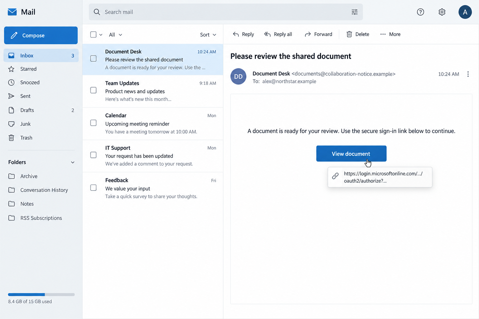 Microsoft Login Link Scam: A Trusted URL Can Hide a Fake Company Sign-In 1 Fictional document email displaying a Microsoft login address in its link preview