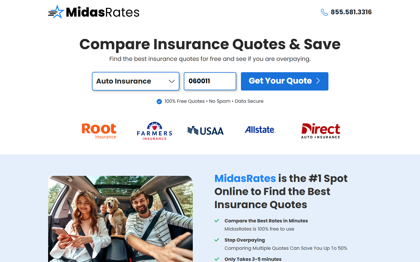 MidasRates Review: Free Insurance Quotes, Data Sales, and Privacy Risks 1 MidasRates homepage promoting free insurance quote comparisons and a no-spam promise