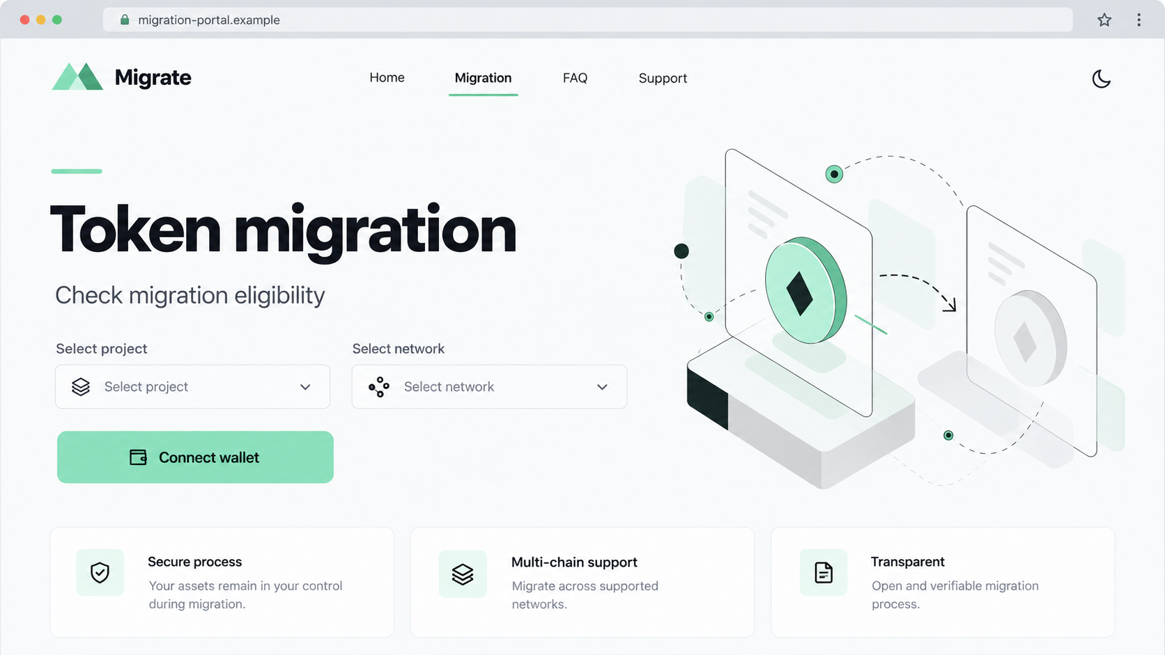 Fake Migrate.fun Scam: Token Migration Pages Can Put Your Wallet at Risk 1 Fictional token-migration portal illustration showing project selection and a wallet-connect button on an example domain