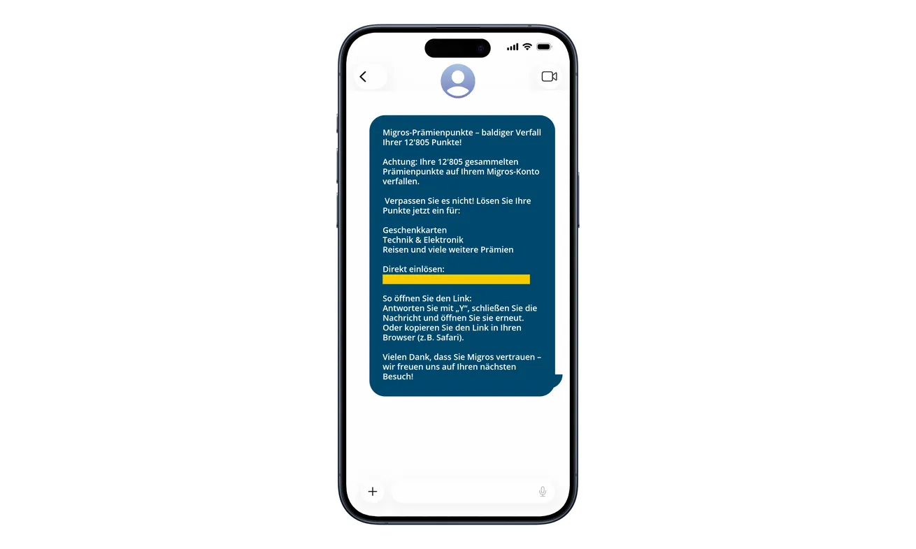 Migros Cumulus SMS Scam: Expiring Points Lead to a Fake Gadget Checkout 1 Fake Migros Cumulus SMS claiming 12805 points will expire and instructing the recipient to open a masked reward link