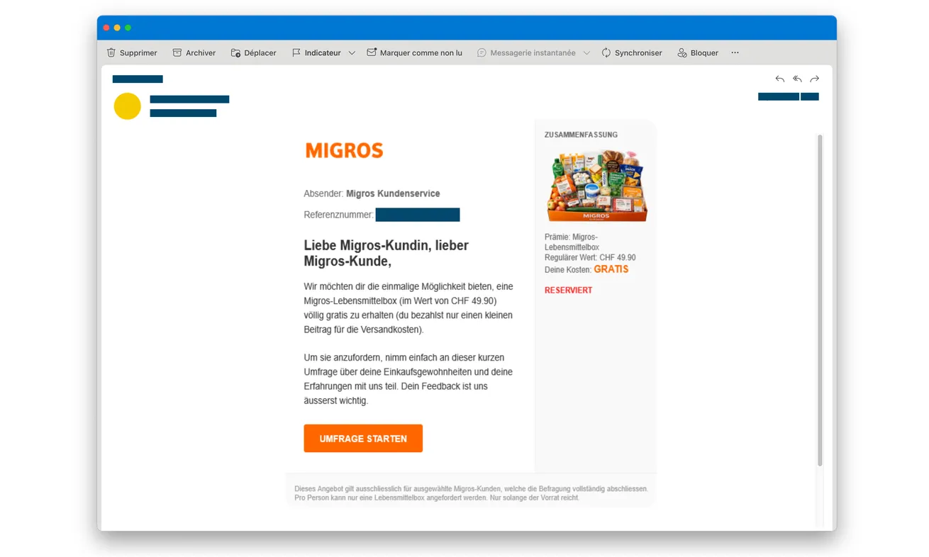 Migros Food Box Scam: A Free Survey Reward Turns Into a Card Details Trap 1 Original fake Migros survey email published by police promising a CHF49.90 food box and showing a start-survey button