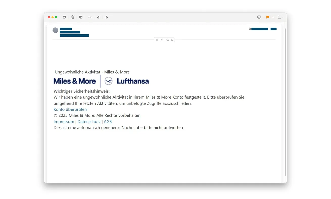 Fake Miles and More security email displaying Lufthansa branding and a link to check supposed unusual account activity
