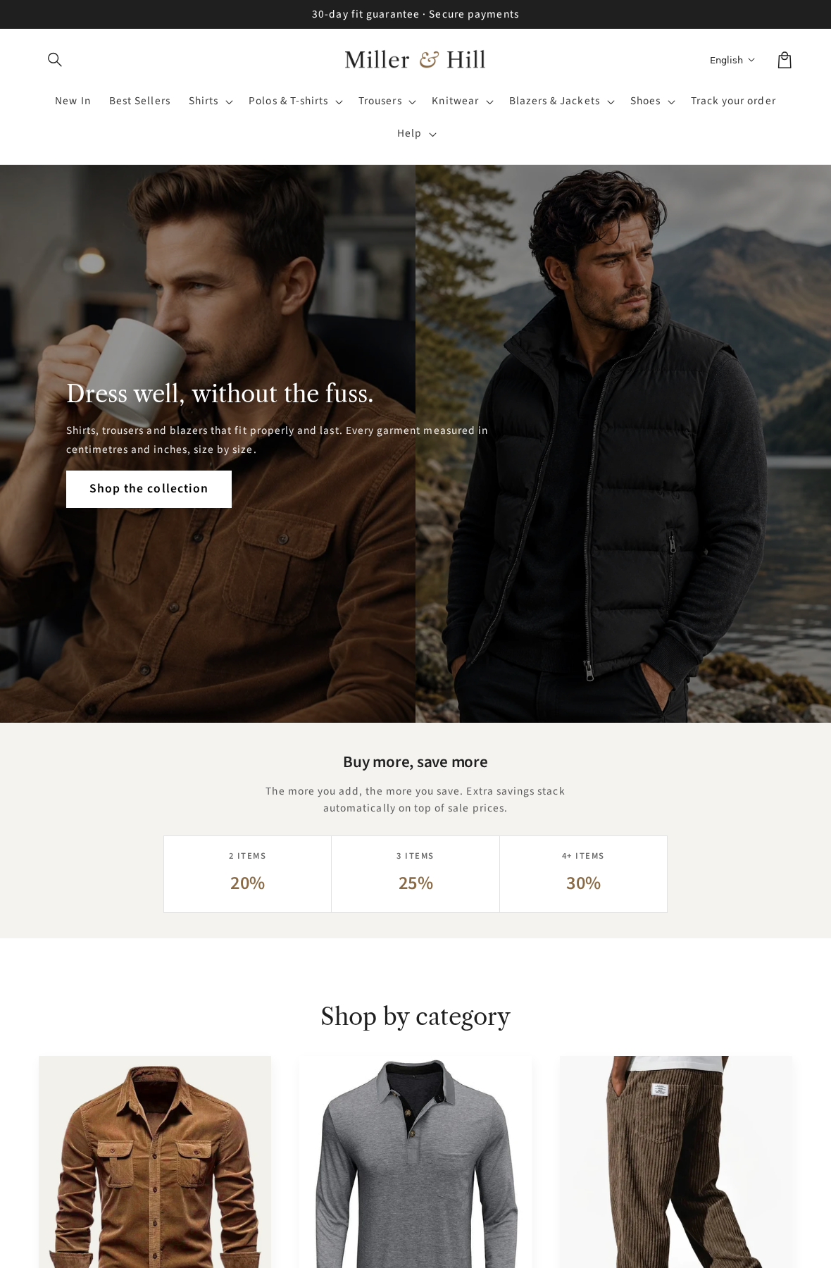 Miller & Hill Review: Return Costs, Linen Claims and Seller Identity Checks 1 Miller and Hill storefront showing menswear photography, a 30 day fit guarantee, and multi-item discounts