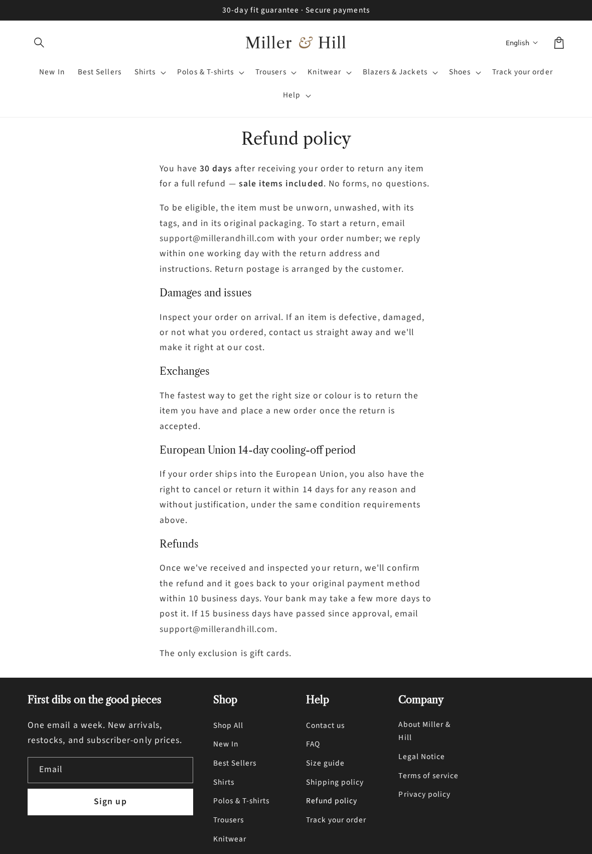 Miller & Hill Review: Return Costs, Linen Claims and Seller Identity Checks 2 Miller and Hill refund policy showing 30 day eligibility, customer-arranged postage, and separate remedies for damaged or wrong items
