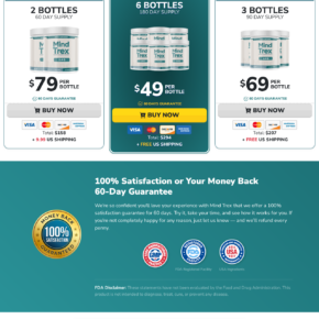 MindTrex offer showing powder jars, capsule wording, package prices, and a 60-day guarantee