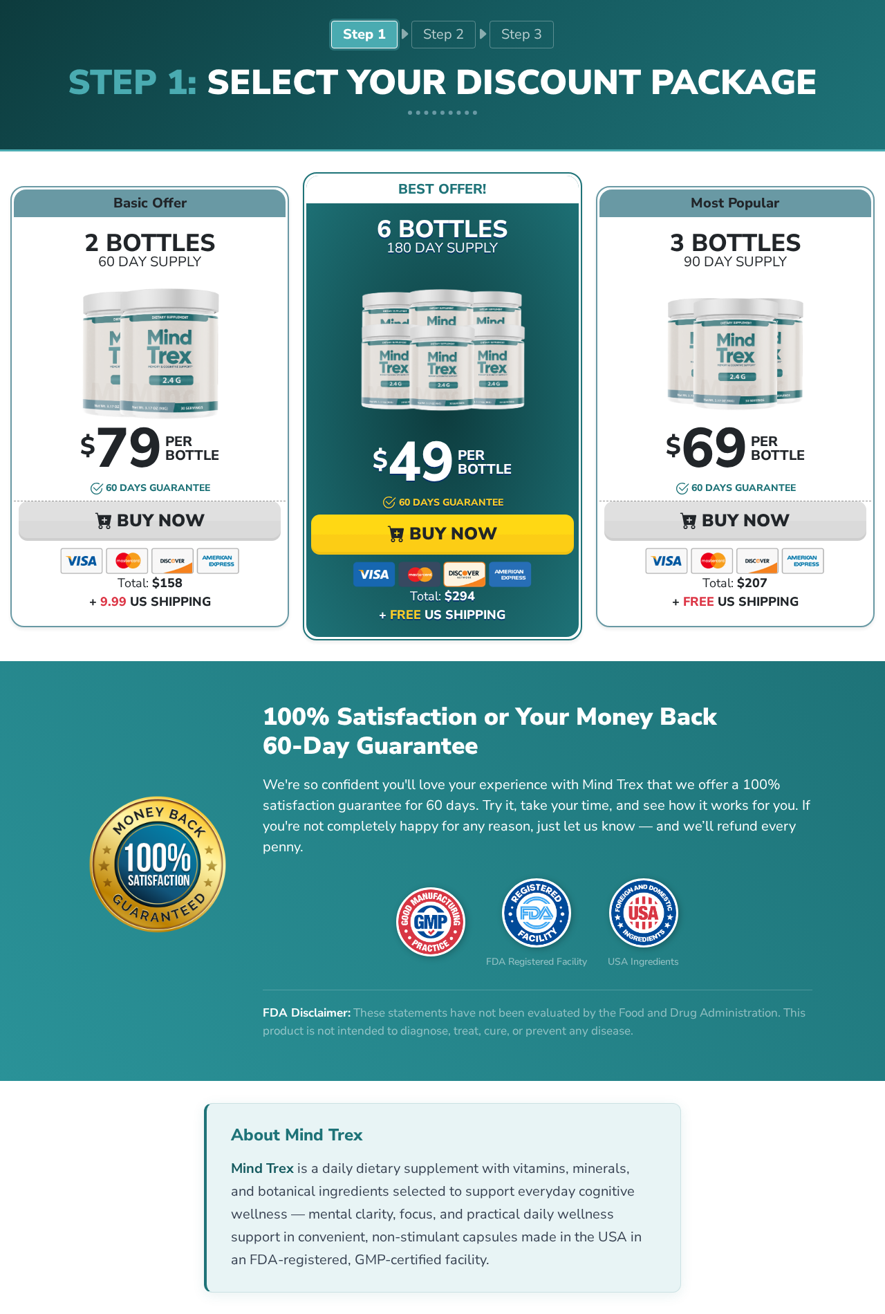 MindTrex offer showing powder jars, capsule wording, package prices, and a 60-day guarantee