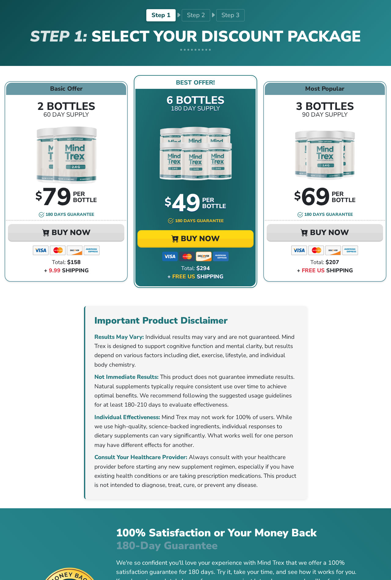 A different MindTrex sales route displaying a 180-day guarantee and longer evaluation advice