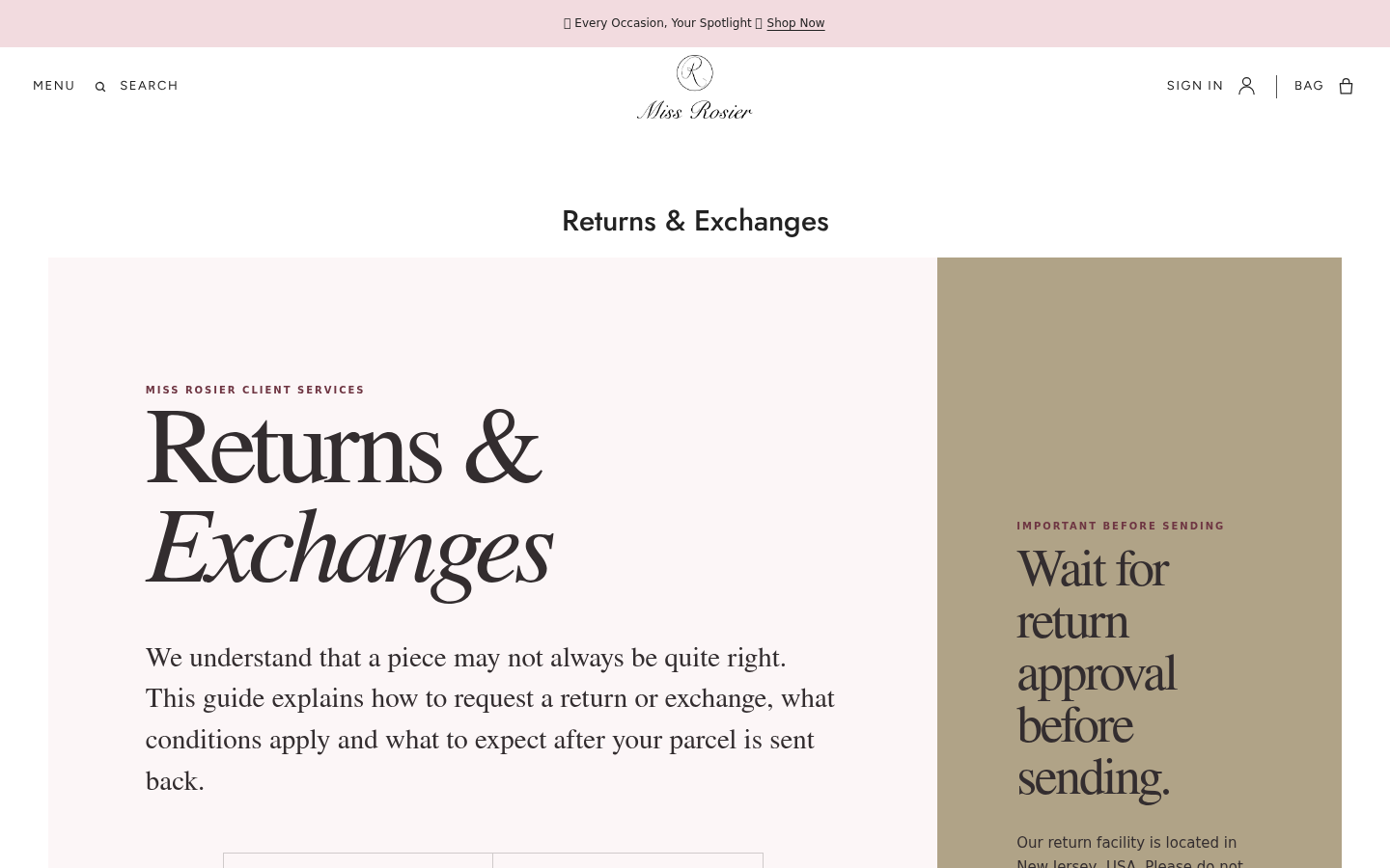 Miss Rosier Review: Seven-Day Returns, Gift Card Refunds, and Buyer Risks 1 Miss Rosier returns page explaining the approval process for clothing orders