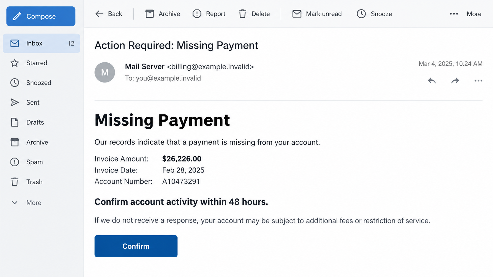 Illustrative Missing Payment email showing a claimed invoice amount and an account activity deadline