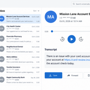 Illustrative voicemail transcript from a fictional caller claiming to represent Mission Lane account services