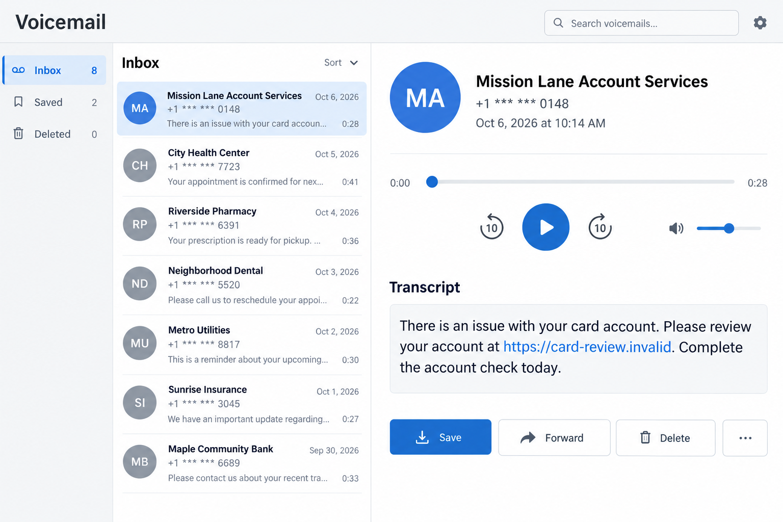 Illustrative voicemail transcript from a fictional caller claiming to represent Mission Lane account services