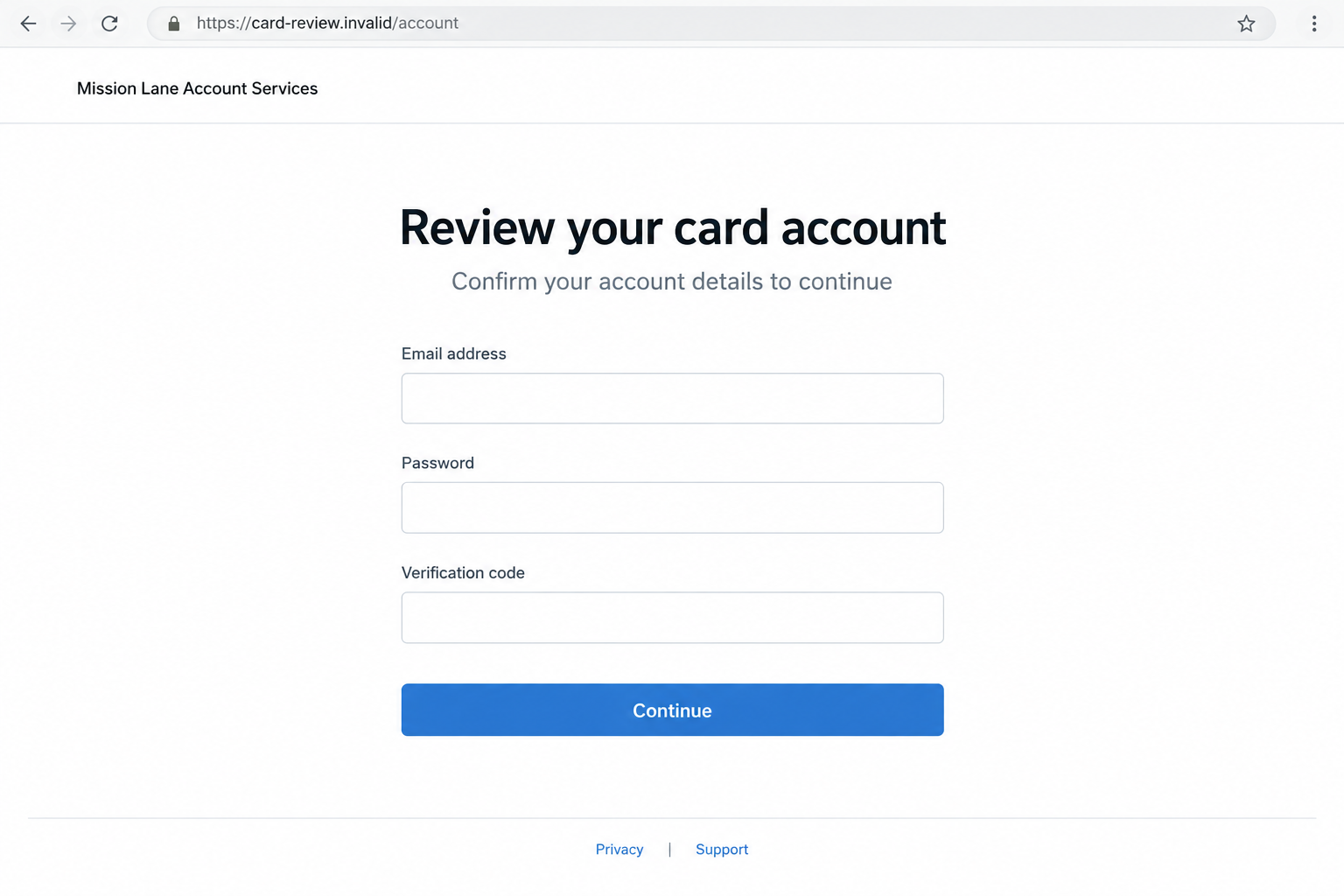 Illustrative nonfunctional account-review page using a fictional address and requesting a card-account login