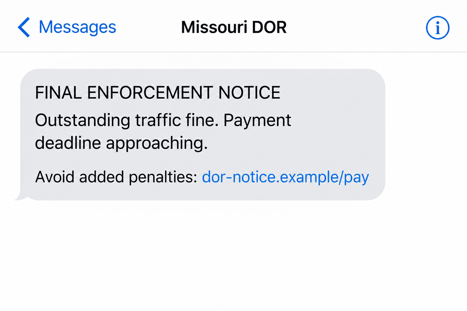 Missouri DMV Text Scam: Fake DOR Fines, Insurance Threats and Payment Traps 1 Fictional Missouri DOR enforcement text showing an unpaid-traffic-fine demand and a nonfunctional payment link