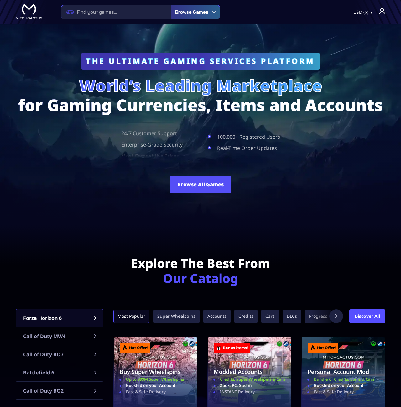 MitchCactus Review: Account Ban Risks Behind Its Safe Delivery Promises 1 MitchCactus gaming marketplace offering currencies, modded accounts and account boosts