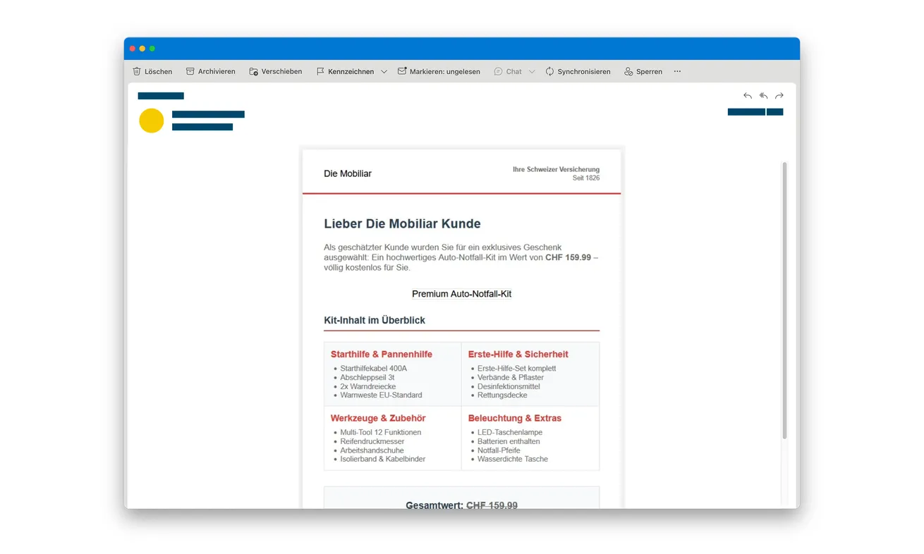 Mobiliar Gift Email Scam: The Free Car Emergency Kit That Charges Your Card 1 Fraudulent Mobiliar loyalty-gift email offering a supposedly free car emergency kit valued at CHF159.99