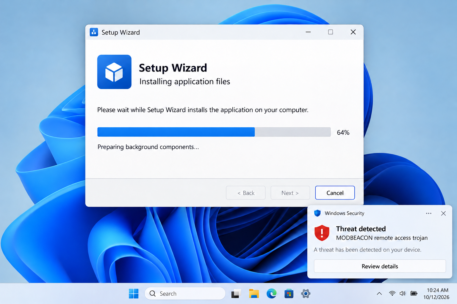 Illustration of a generic Windows installer beside a MODBEACON malware warning
