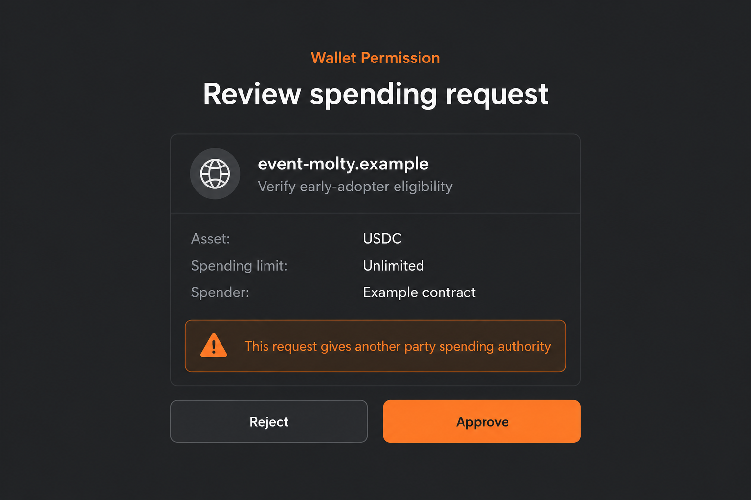 Moltbot MOLTY Airdrop Scam Exposed: Fake AI Rewards and Wallet Theft Risk 2 Hypothetical wallet spending request illustrating that an AI reward label can conceal token authority