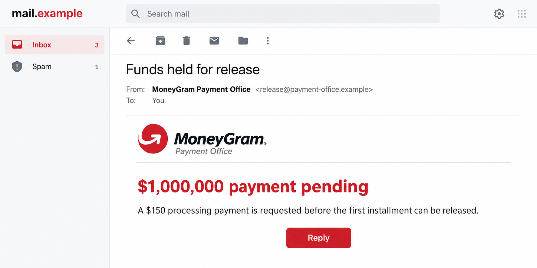MoneyGram Payment Email Scam: The $150 Fee for a Fake $1 Million Payout 1 Illustrative MoneyGram impersonation email claiming a $1 million payment requires a $150 release charge