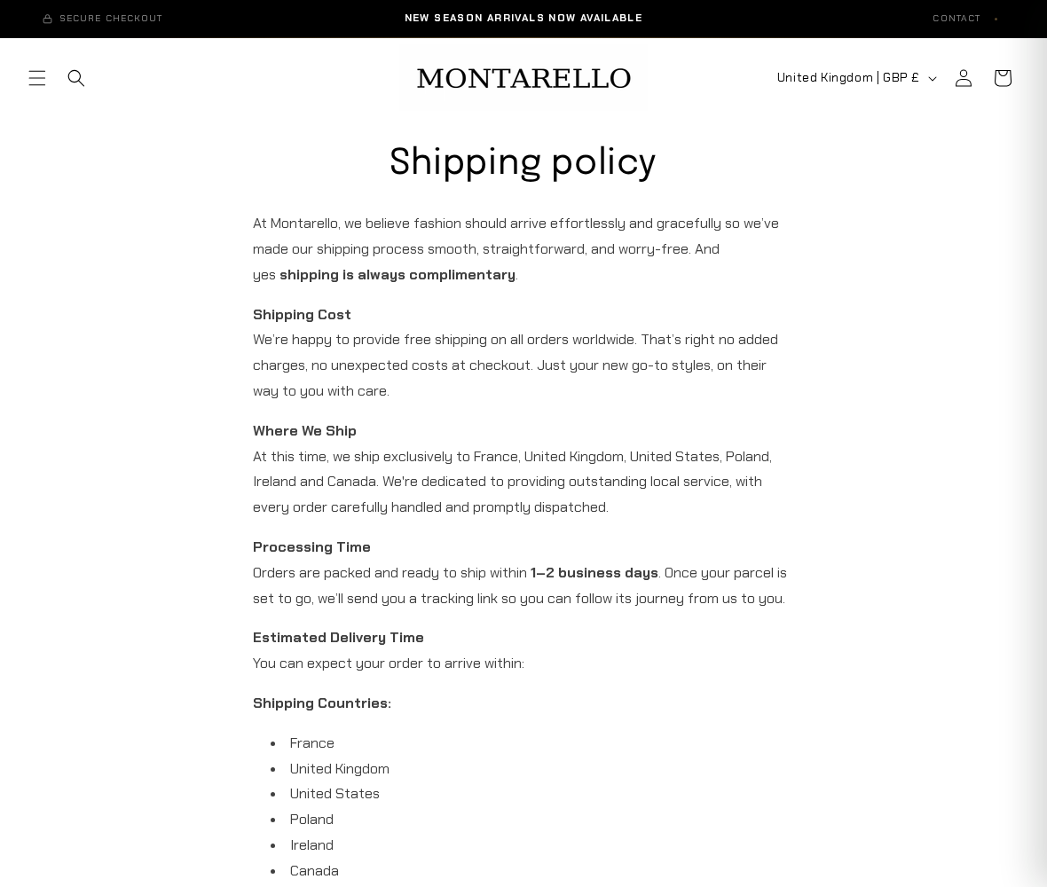 Montarello Review: Asia Return Costs, Cancellation Limits and Buyer Risks 2 Montarello shipping policy advertising free outbound delivery and separate processing information