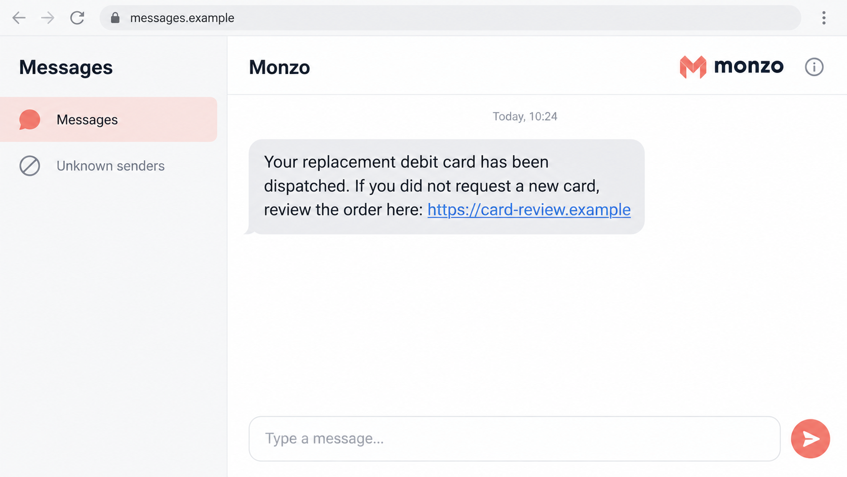 Illustrative Monzo replacement-card text directing the recipient to a fictional cancel-order website
