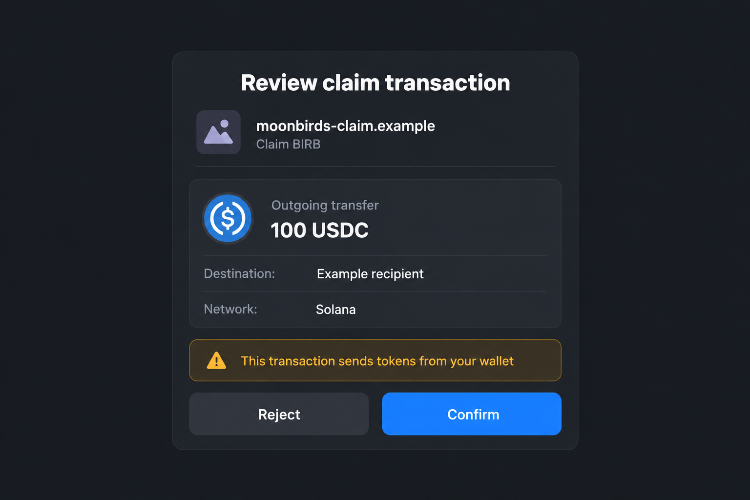 Moonbirds BIRB Airdrop Scam Exposed: Fake Claims and Wallet Theft Warning 2 Hypothetical Solana transaction showing an outgoing token transfer despite a BIRB claim label