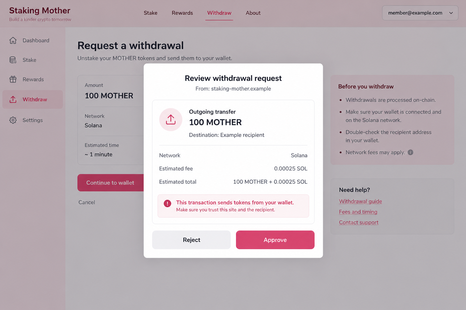 MOTHER Staking Scam Exposed: Fake Withdrawal Requests and Wallet Theft 2 Hypothetical Solana wallet withdrawal request revealing a token transfer instead of promised staking proceeds