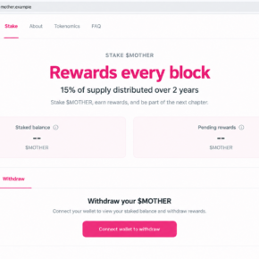 Illustrative fake MOTHER staking page promoting block rewards and a withdrawal button on a fictional domain