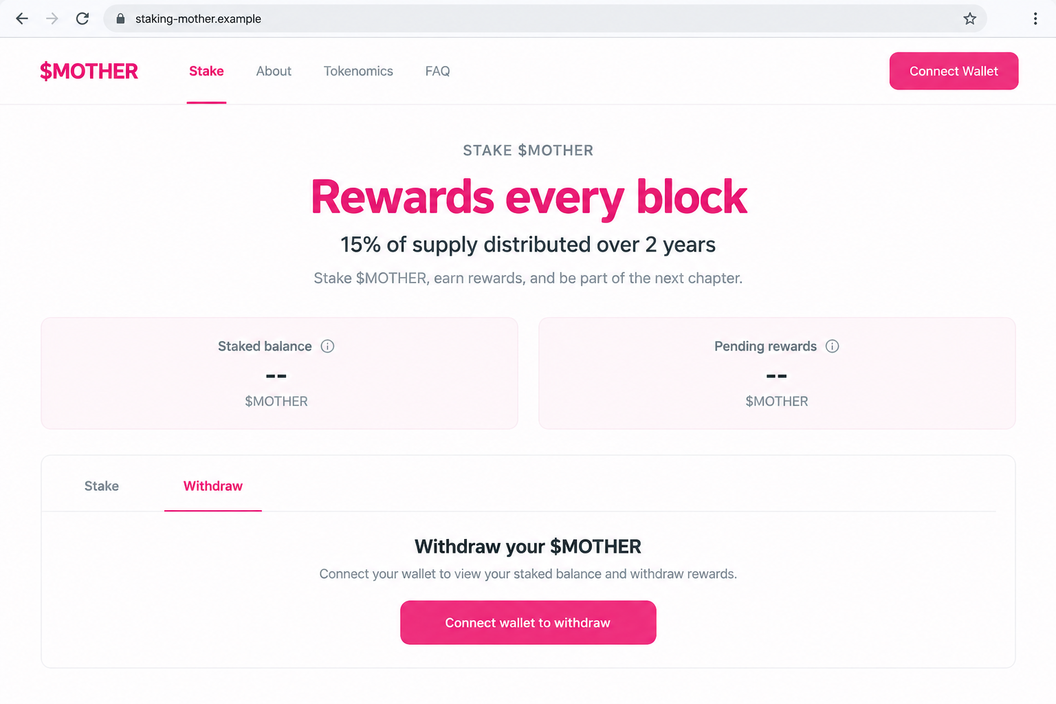 MOTHER Staking Scam Exposed: Fake Withdrawal Requests and Wallet Theft 1 Illustrative fake MOTHER staking page promoting block rewards and a withdrawal button on a fictional domain