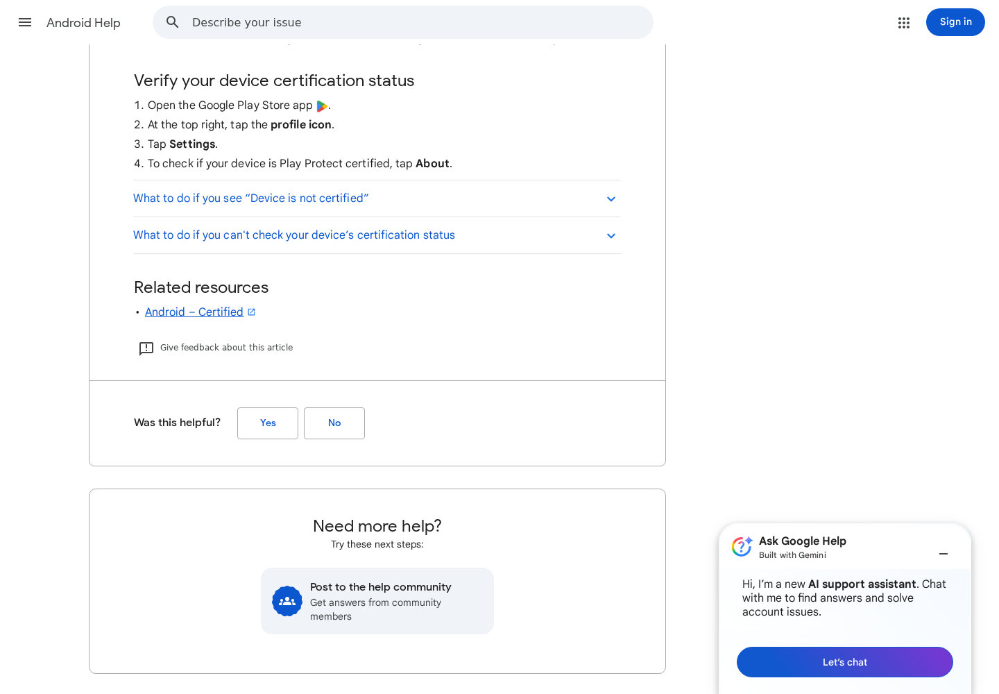 Original screenshot of Google's instructions for checking Android Play Protect device certification