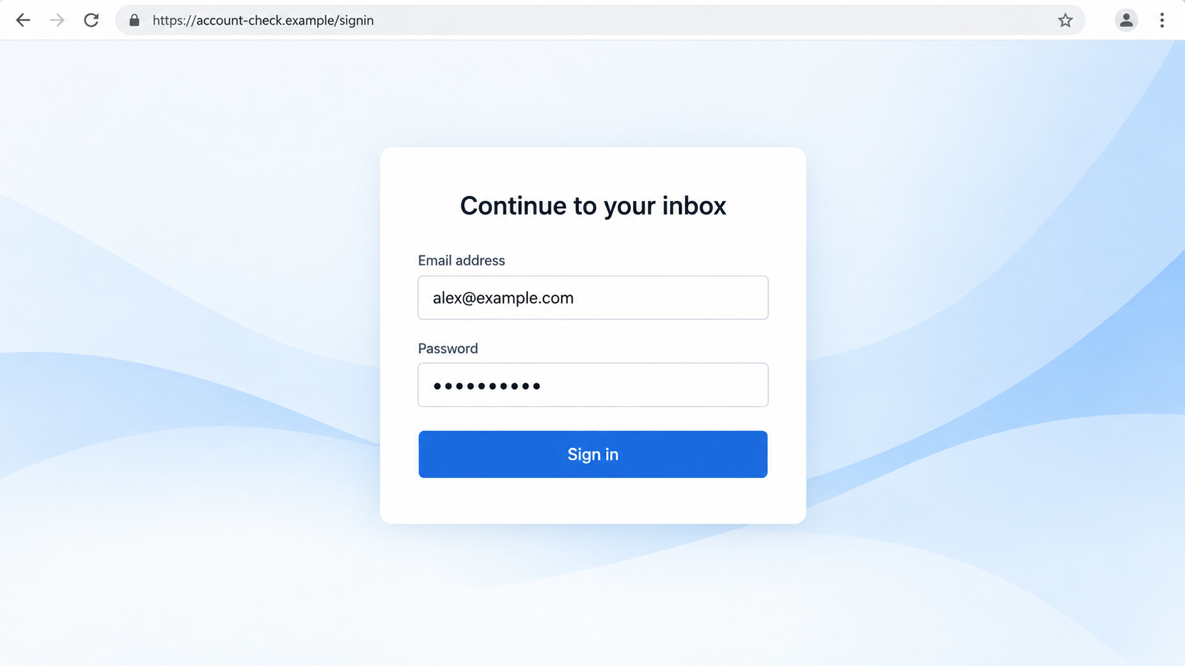 BlueKit Phishing Scam: How Fake Login Pages Steal Accounts and Sessions 1 Fictional email login illustration showing an example-domain address above a convincing sign-in form