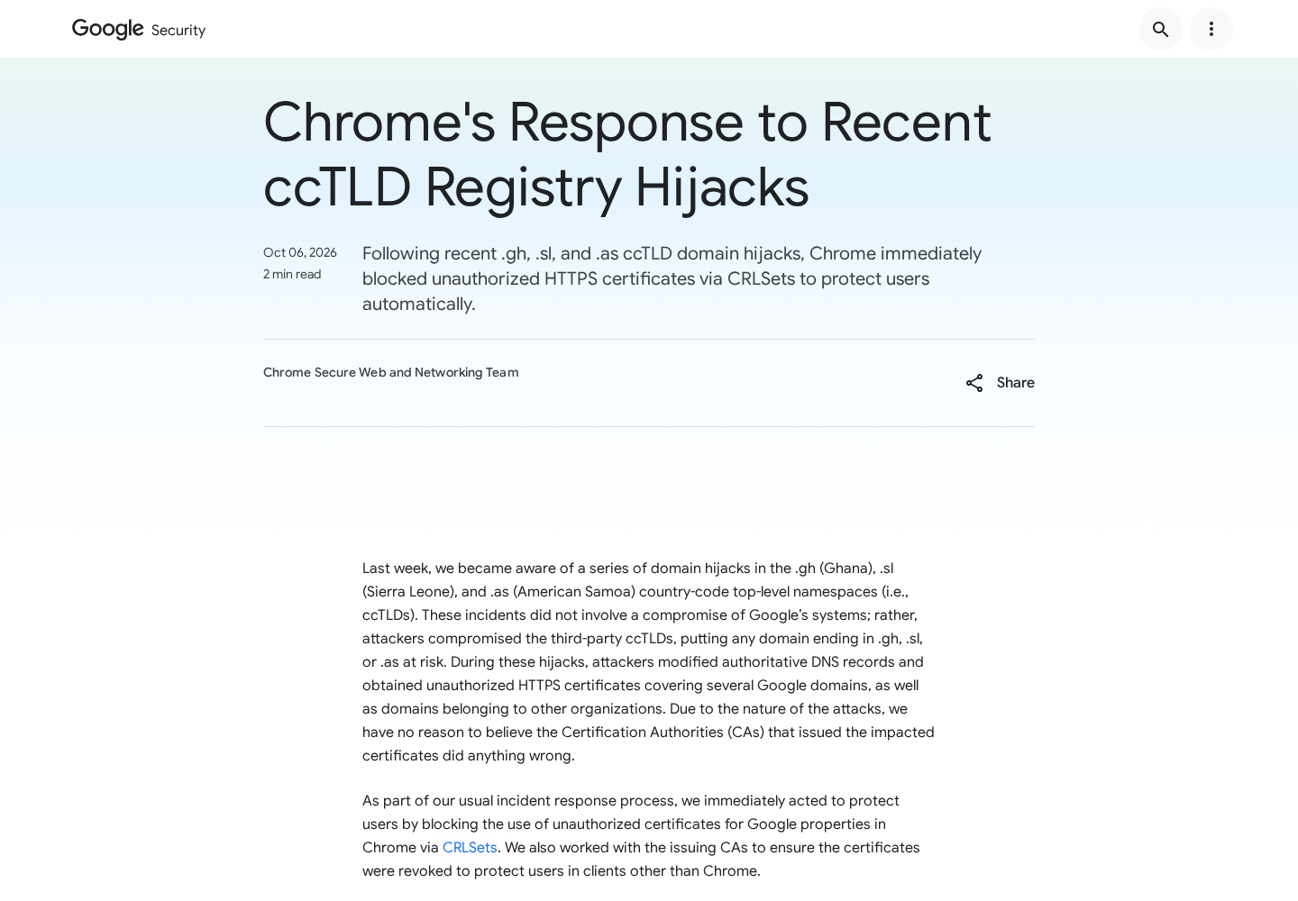 Original Google security advisory screenshot describing Chrome's response to regional domain registry hijacks