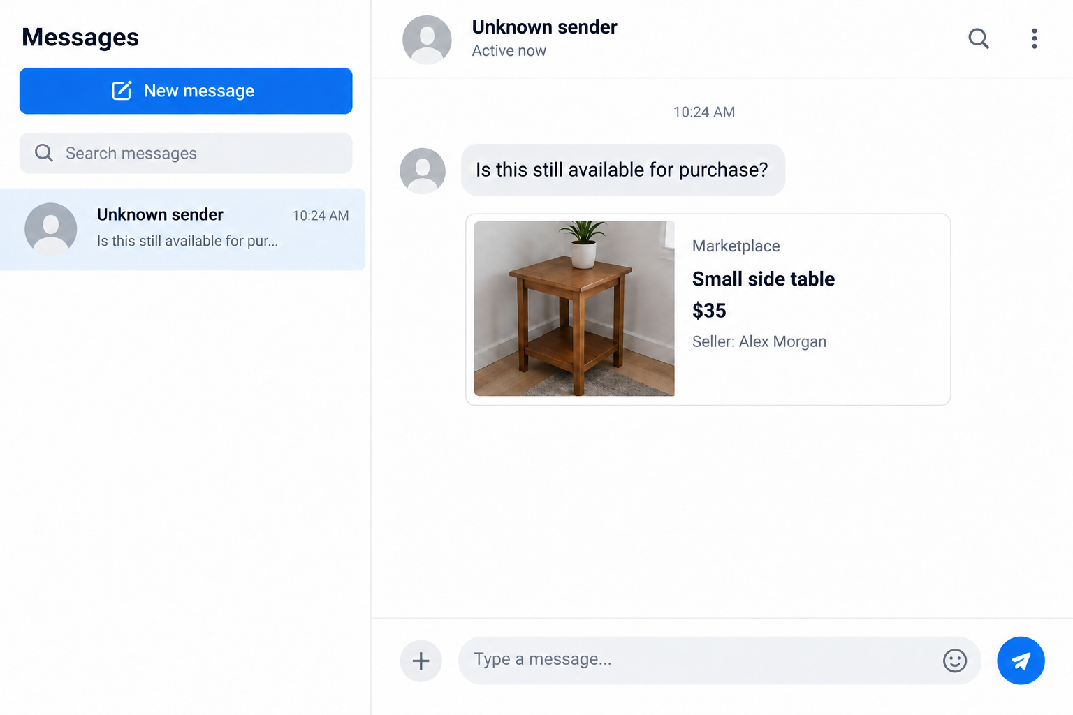 Fictional marketplace message illustration with a side-table listing naming Alex Morgan as the seller