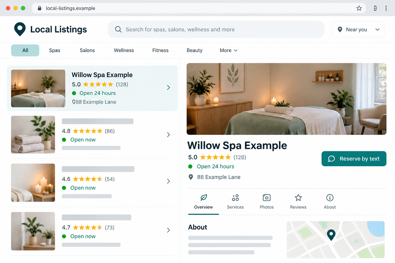 Fake Spa Listings Scam: Why a Real Address Can Hide a Fake Booking Offer 1 Fictional local spa listing illustration showing a real-looking address, ratings, and a reserve-by-text option