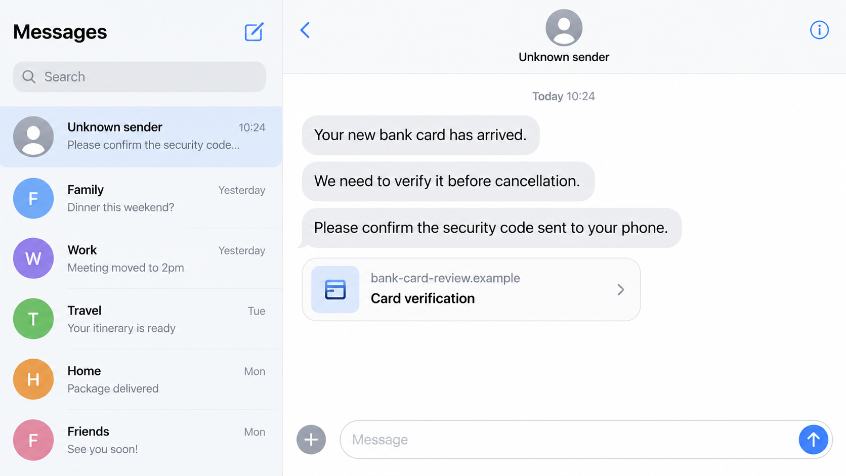 Fictional message illustration using an unexpected bank card to request a security code