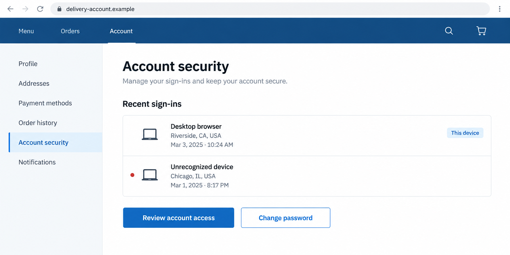 Domino's Account Takeover Alert: Reused Passwords and How to Stay Safe 1 Fictional delivery-account security interface showing an unrecognized sign-in and password-change controls