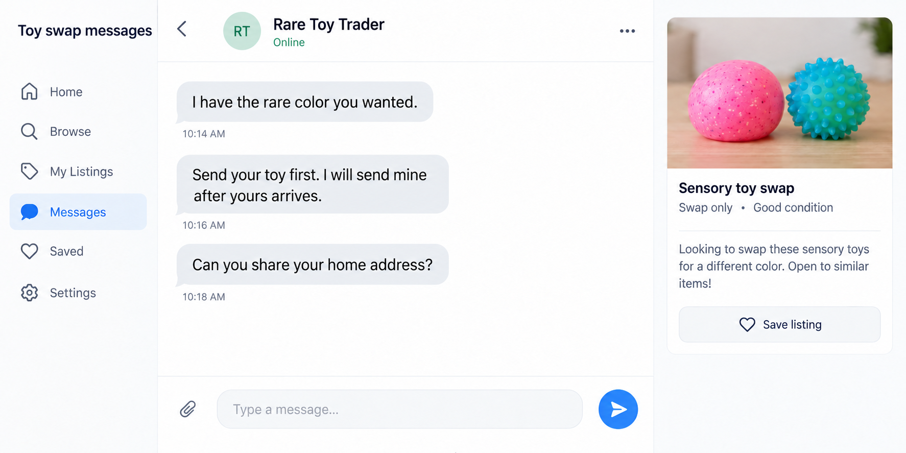 Fidget Trading Scams: Fake Toy Offers, Giveaway Fees and Safer Online Swaps 1 Fictional toy-trading conversation asking a recipient to ship first and share a home address