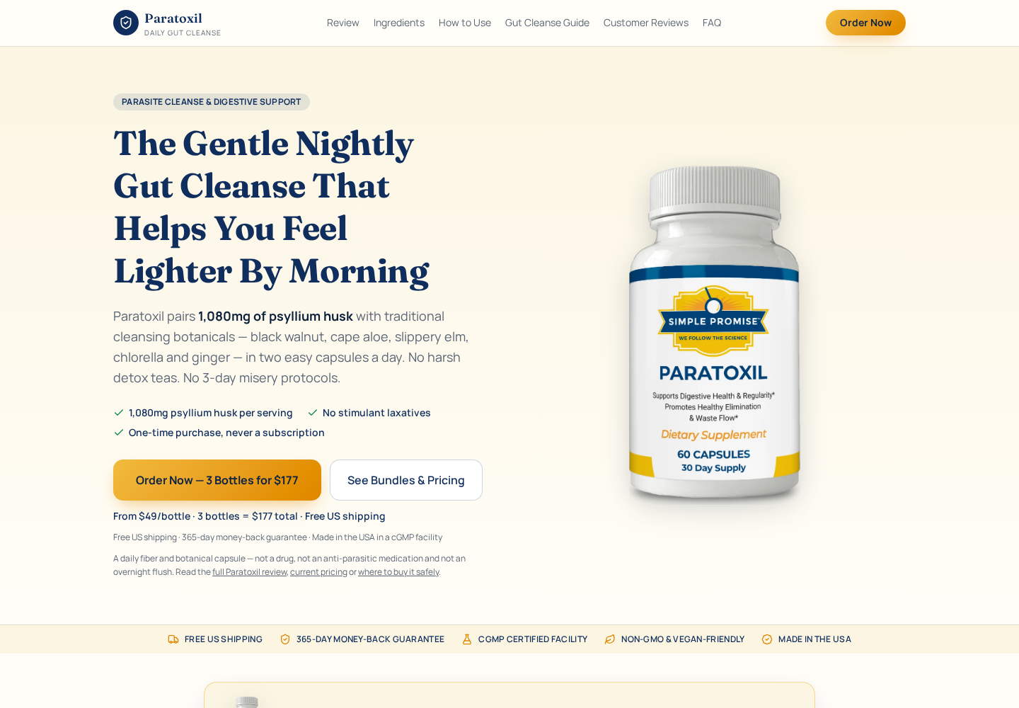 Original GetParatoxil offer screenshot showing the separate gut-cleanse promotion and three-bottle price